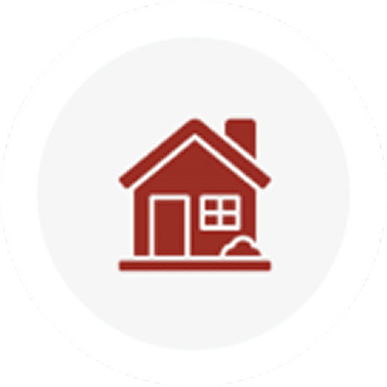 Red house icon on circular background.